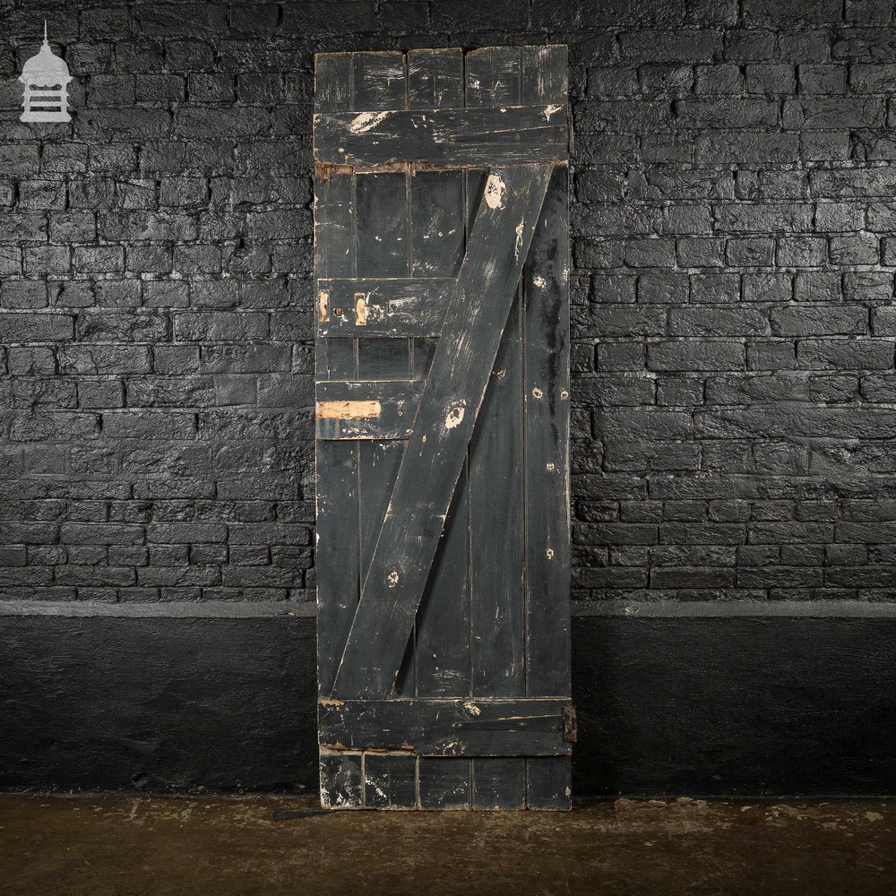 19th C Black Painted V Grove Pine Ledged and Braced Internal Cottage Door