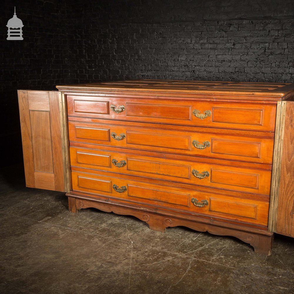 19th C Large Scale Teak Ecclesiastical Vestment Drawers Featuring Raised Moulded Panels On All Sides