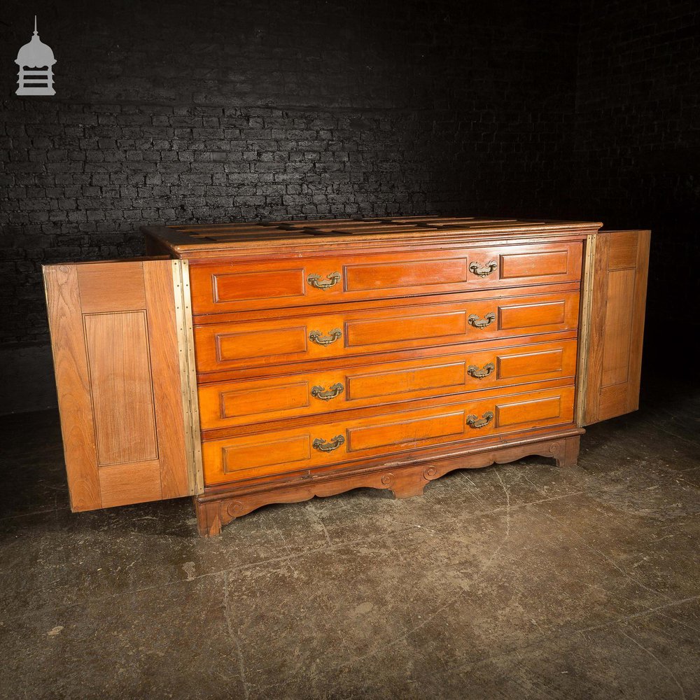 19th C Large Scale Teak Ecclesiastical Vestment Drawers Featuring Raised Moulded Panels On All Sides